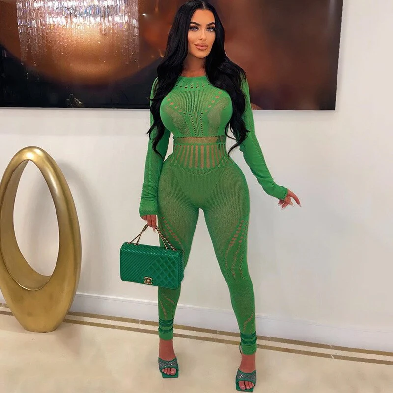 Sexy Adogirl Hollow Out Knitted Mesh Jumpsuits Women Sexy See Through Long Sleeve Overalls - Image 4