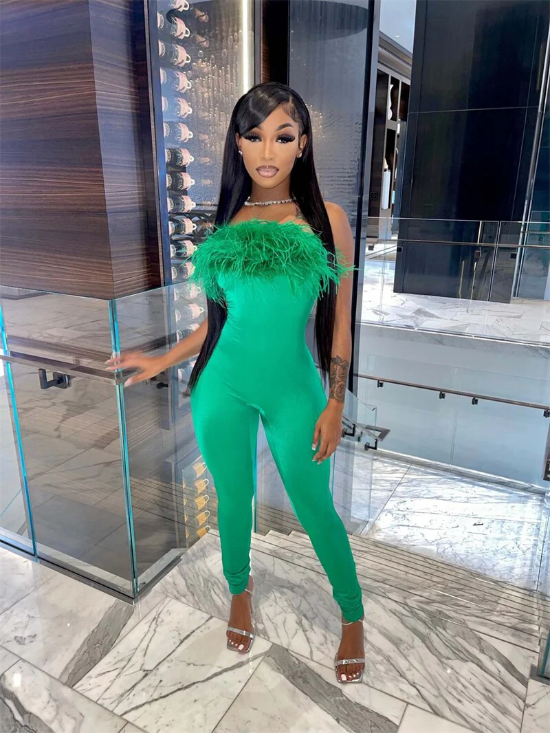 Solid Feather Strapless Jumpsuits for Women 2022 Summer Backless Slim Skinny Overalls Fashion Sexy Romper Clothes - Image 2