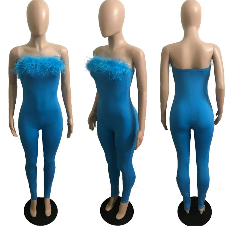 Solid Feather Strapless Jumpsuits for Women 2022 Summer Backless Slim Skinny Overalls Fashion Sexy Romper Clothes - Image 4