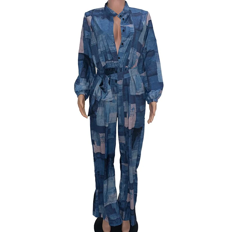 Sexy African Clothes Women Jumpsuit Lace Up Wide Leg Pants - Image 2