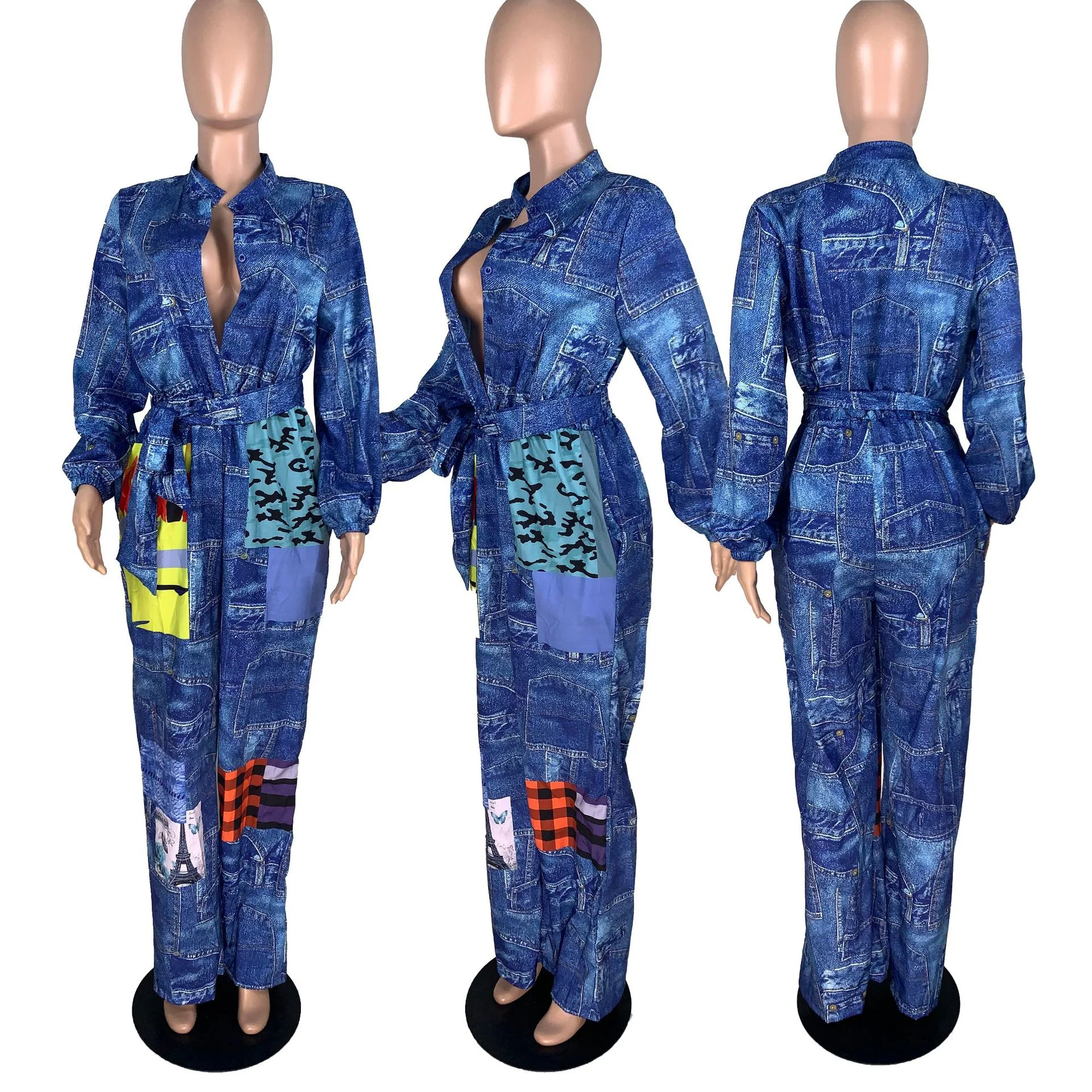 Sexy African Clothes Women Jumpsuit Lace Up Wide Leg Pants - Image 4