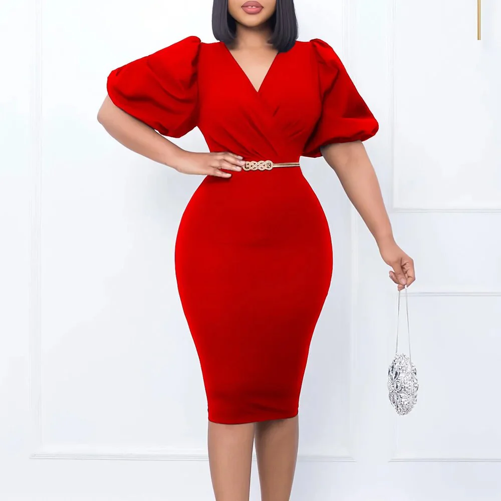 African Clothing Ladies Wear Elegant Fashion Puff Sleeve Church Dresses Women Sexy V Neck Straight Midi Dress with Belt - Image 6