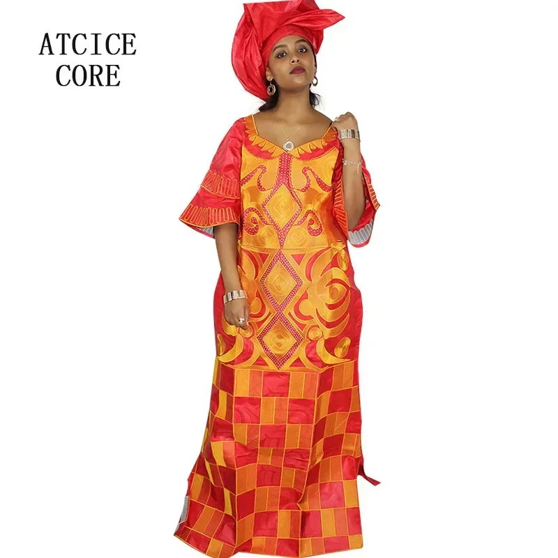 African Dresses For Woman Bazin Riche Computer Emboridery Plus Size Long Dress With Scarf - Image 2