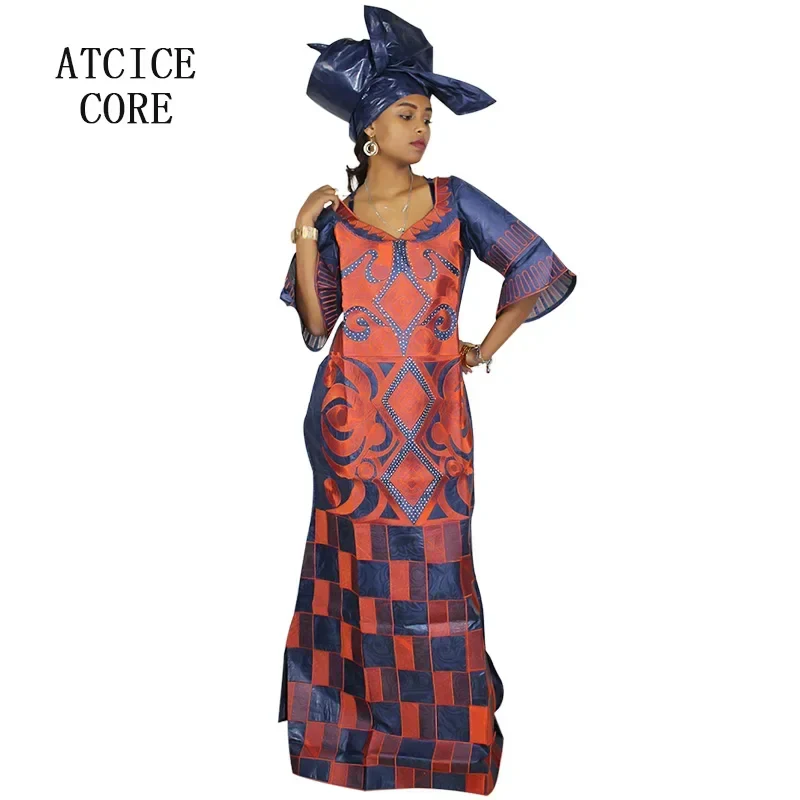 African Dresses For Woman Bazin Riche Computer Emboridery Plus Size Long Dress With Scarf - Image 5