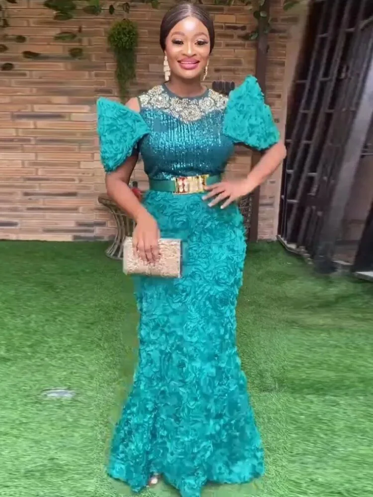 African Dresses For Women 2023 Dashiki Ankara Mesh Flower Wedding Evening Gowns Elegant Turkey Muslim Kaftan Party Maxi Dress - Image 3