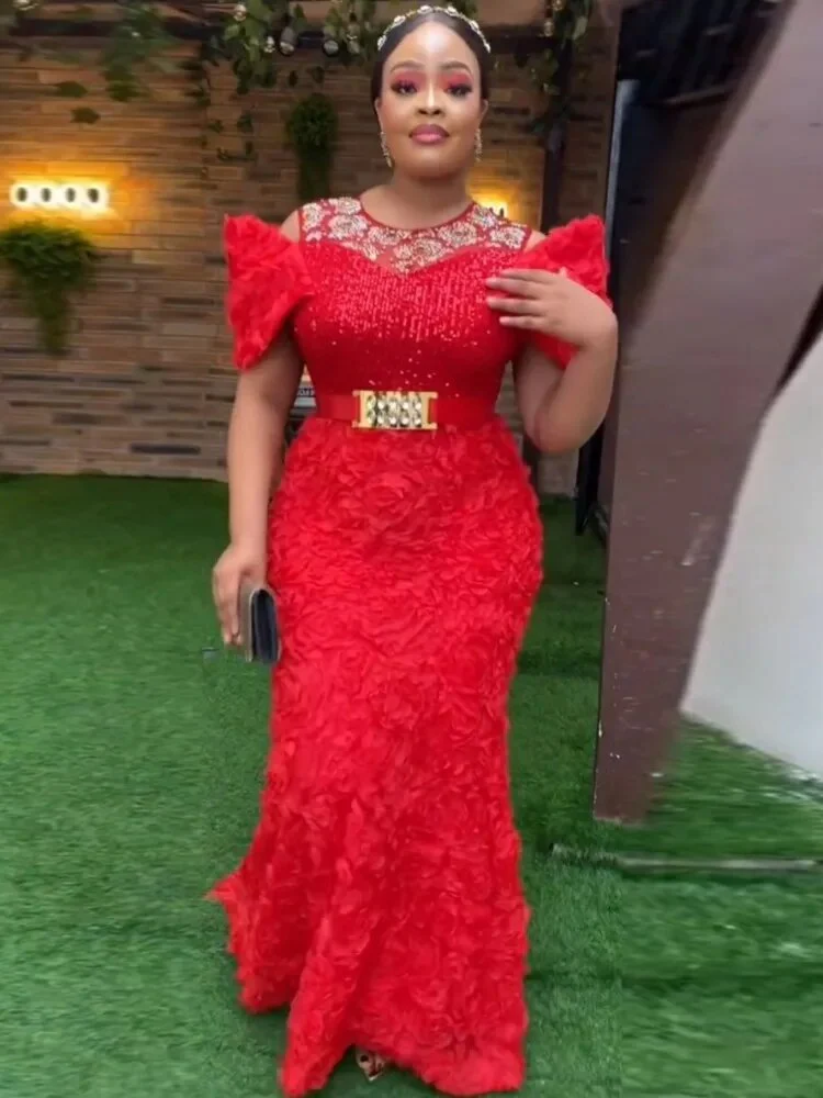 African Dresses For Women 2023 Dashiki Ankara Mesh Flower Wedding Evening Gowns Elegant Turkey Muslim Kaftan Party Maxi Dress - Image 5