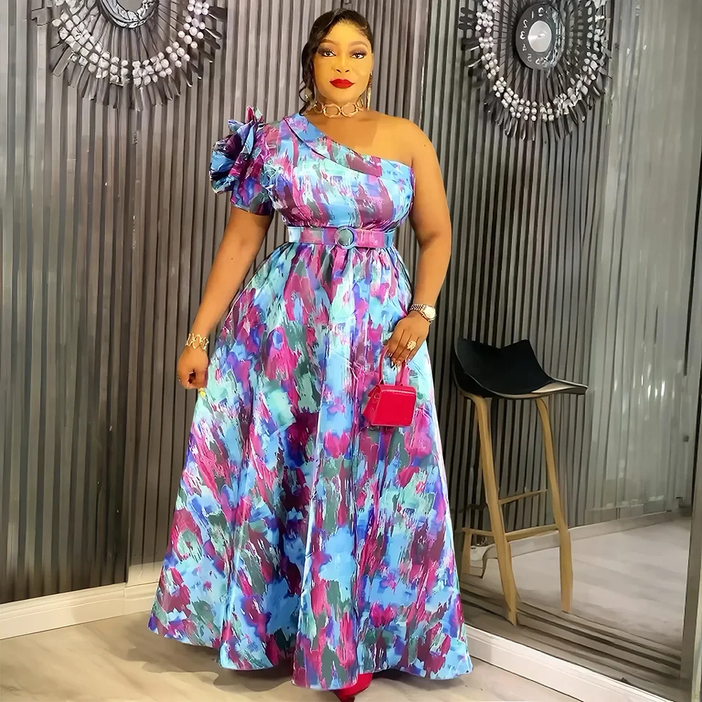 African Dresses For Women 2025 New Africa Clothing One Shoulder Turkey Wedding Party Long Dress Dashiki Ankara Print Outfit - Image 2