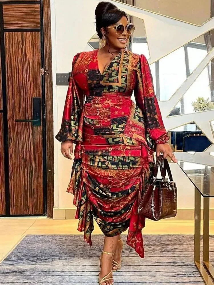 African Dresses For Women Summer Autumn Africa Clothing Long Sleeve Ruched Dress Sexy V-Neck Slim Dress Office Lady Party - Image 2
