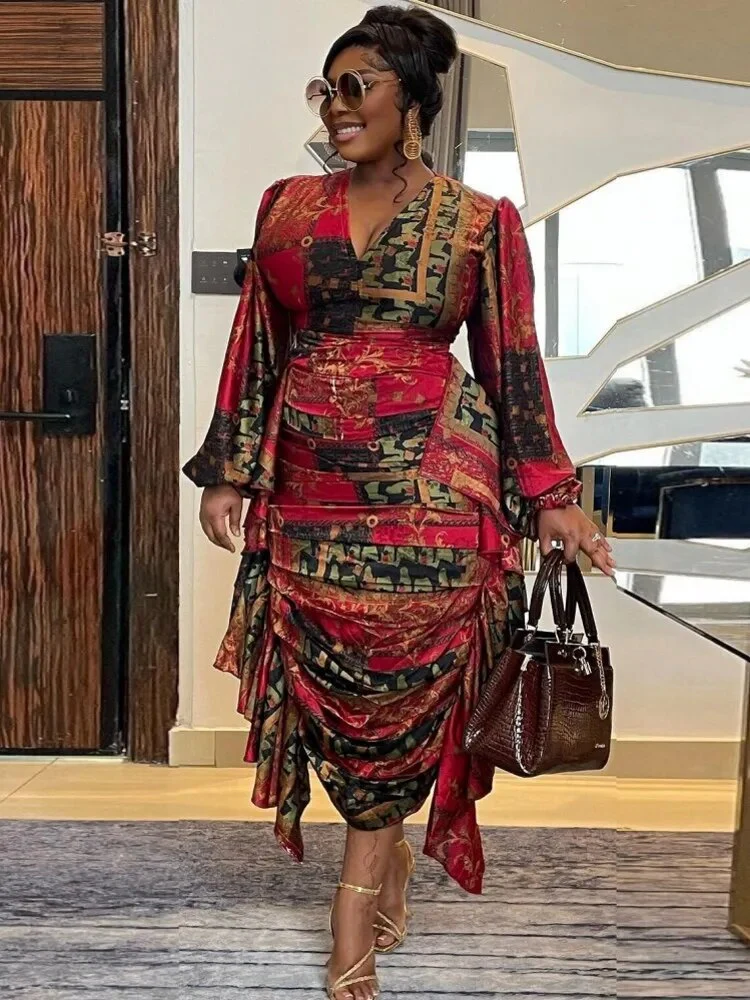 African Dresses For Women Summer Autumn Africa Clothing Long Sleeve Ruched Dress Sexy V-Neck Slim Dress Office Lady Party - Image 4