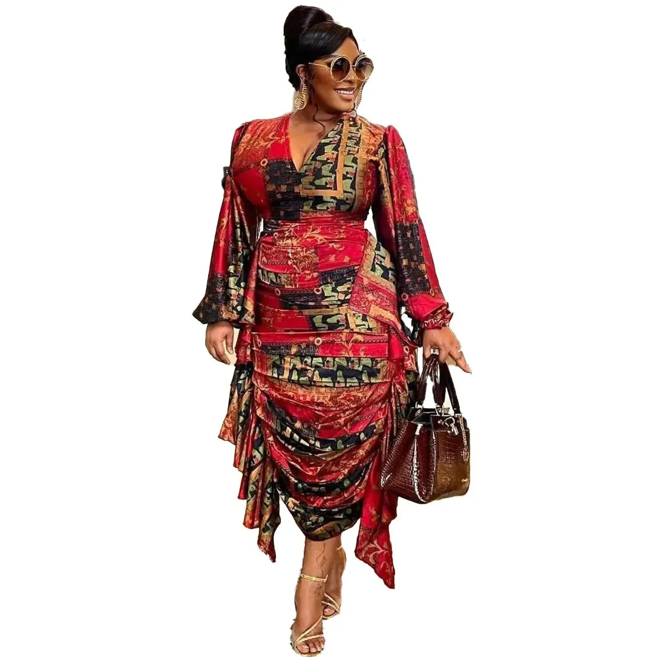 African Dresses For Women Summer Autumn Africa Clothing Long Sleeve Ruched Dress Sexy V-Neck Slim Dress Office Lady Party - Image 8
