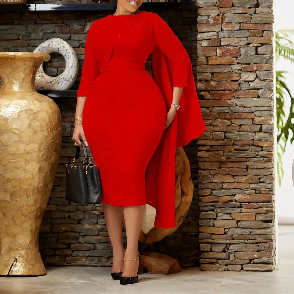 African Dresses New Arrivals 2023 Women Elegant Fashion Pencil Dress 3/4 Sleeve Knee Length Cloak Casual Bodycon Church Dress - Image 3