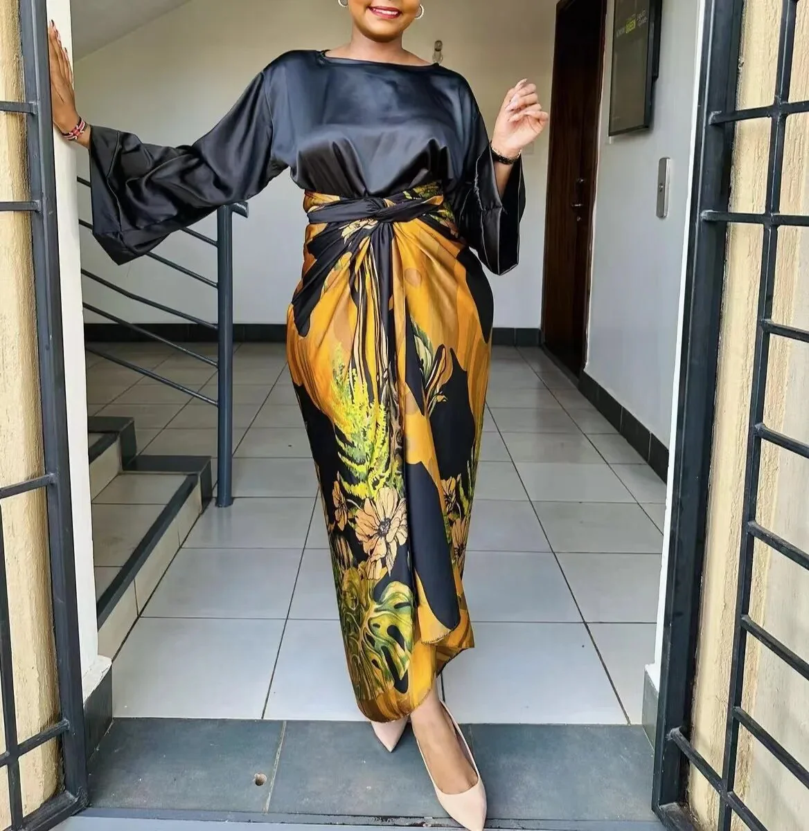 African Large Size Office Lady Printed Two Piece Sets Skirt Womens O-neck Loose Flare Sleeve Lace-up Skirt 2 Piece Suit Womens - Image 10