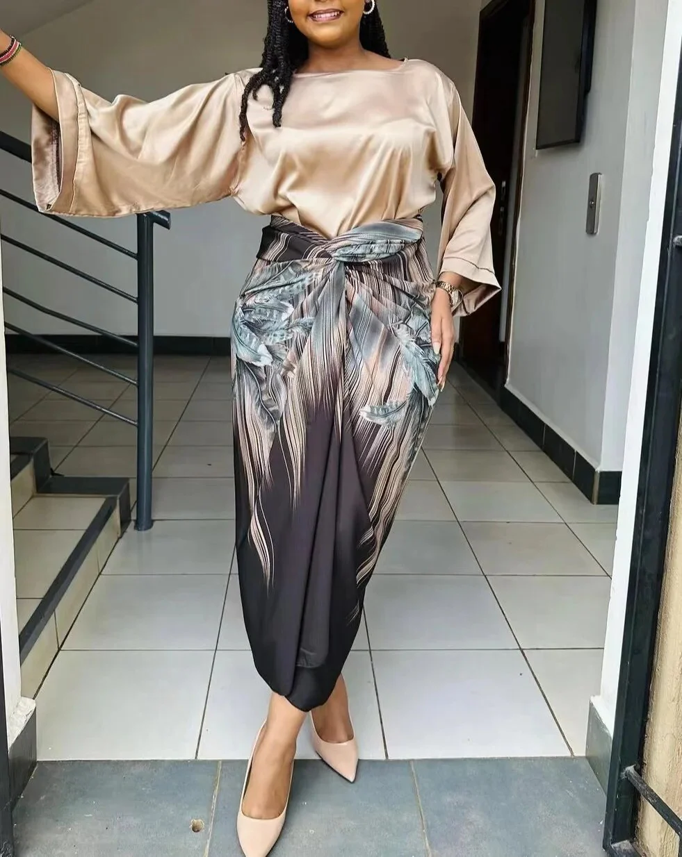 African Large Size Office Lady Printed Two Piece Sets Skirt Womens O-neck Loose Flare Sleeve Lace-up Skirt 2 Piece Suit Womens - Image 11