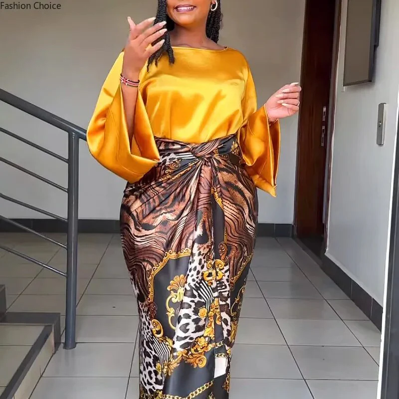 African Large Size Office Lady Printed Two Piece Sets Skirt Womens O-neck Loose Flare Sleeve Lace-up Skirt 2 Piece Suit Womens - Image 2