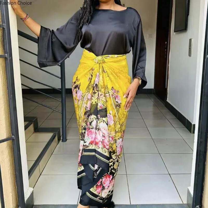African Large Size Office Lady Printed Two Piece Sets Skirt Womens O-neck Loose Flare Sleeve Lace-up Skirt 2 Piece Suit Womens - Image 3