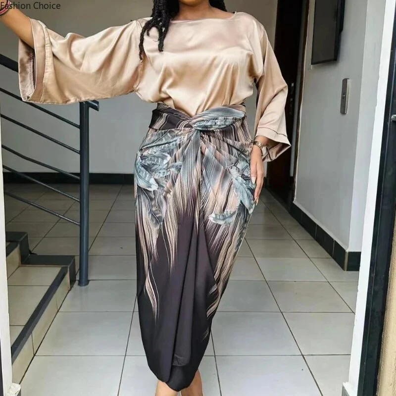 African Large Size Office Lady Printed Two Piece Sets Skirt Womens O-neck Loose Flare Sleeve Lace-up Skirt 2 Piece Suit Womens - Image 4