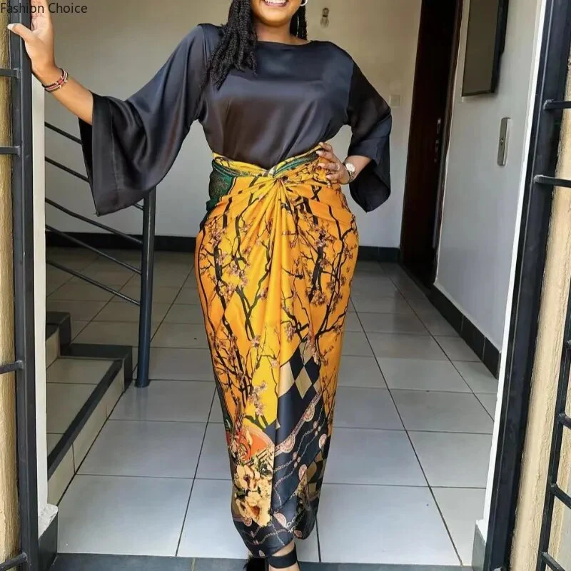 African Large Size Office Lady Printed Two Piece Sets Skirt Womens O-neck Loose Flare Sleeve Lace-up Skirt 2 Piece Suit Womens - Image 5