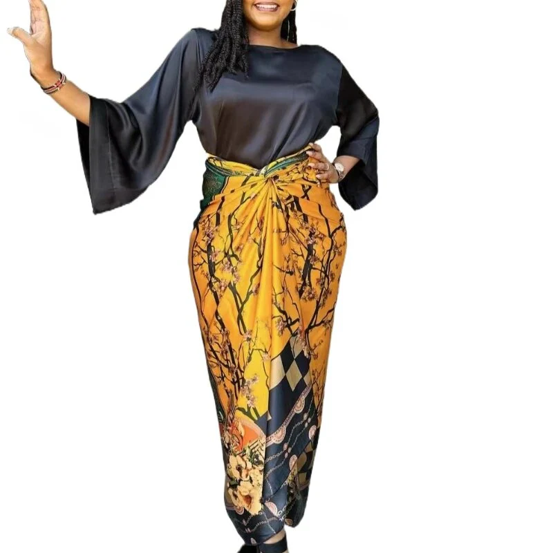 African Large Size Office Lady Printed Two Piece Sets Skirt Womens O-neck Loose Flare Sleeve Lace-up Skirt 2 Piece Suit Womens - Image 6