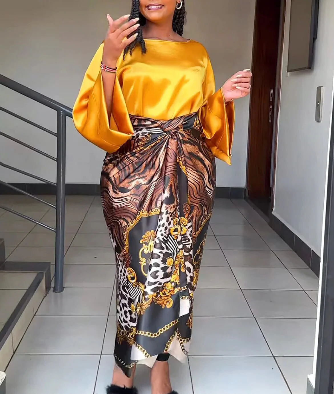 African Large Size Office Lady Printed Two Piece Sets Skirt Womens O-neck Loose Flare Sleeve Lace-up Skirt 2 Piece Suit Womens - Image 7
