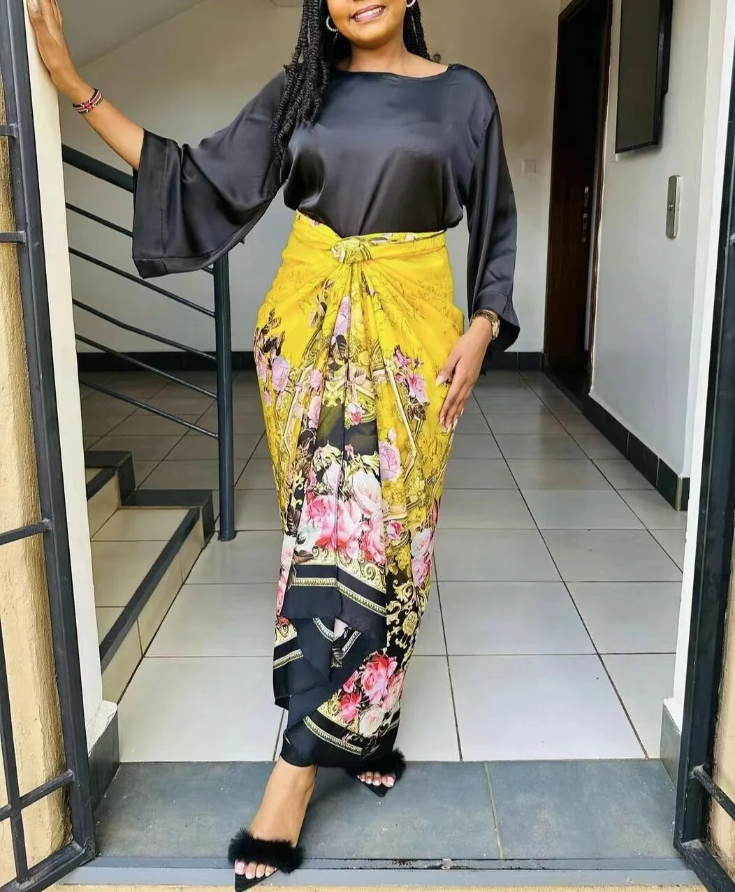 African Large Size Office Lady Printed Two Piece Sets Skirt Womens O-neck Loose Flare Sleeve Lace-up Skirt 2 Piece Suit Womens - Image 8