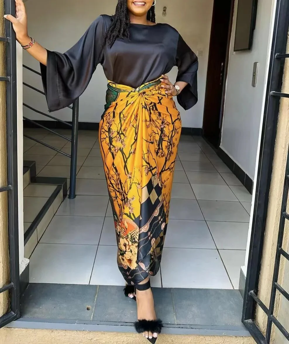 African Large Size Office Lady Printed Two Piece Sets Skirt Womens O-neck Loose Flare Sleeve Lace-up Skirt 2 Piece Suit Womens - Image 9