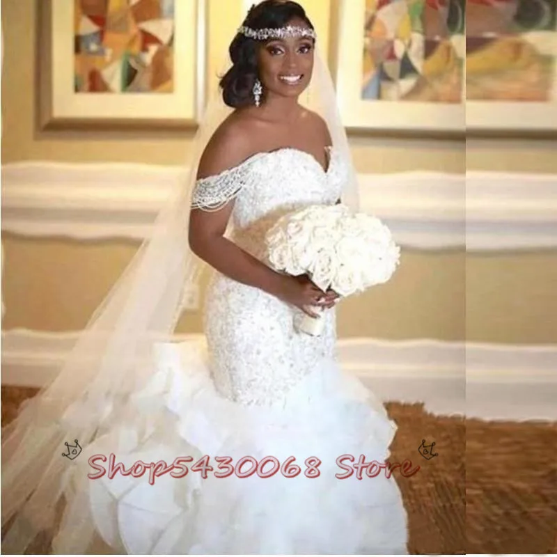 African Mermaid Wedding Dresses Ruffles Off The Shoulder Capped Beads Sequins Bridal Gowns Ruffles Skirt Plus Size Wedding Dress - Image 2