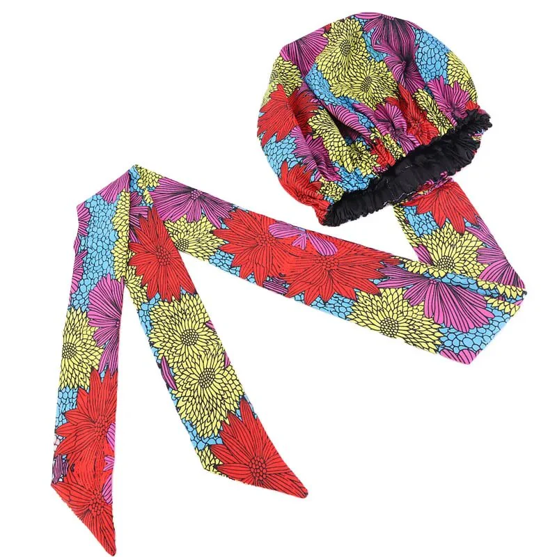 African Print Satin Bonnet With Long Ribbon Wrap Double Layer Headwrap Ankara Pattern Women Hair Cover Large Size Hair Wrap Cap - Image 15