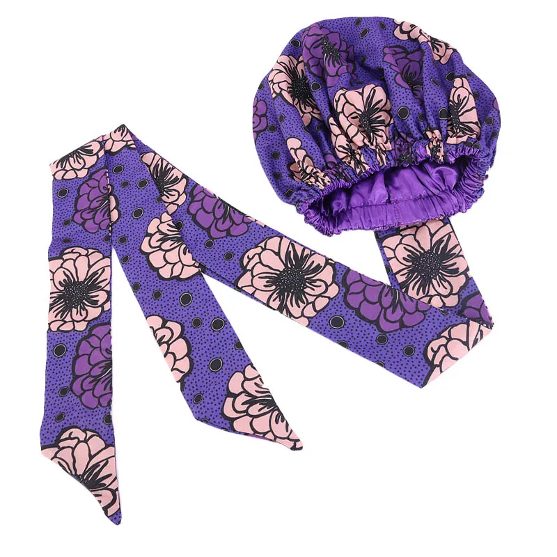 African Print Satin Bonnet With Long Ribbon Wrap Double Layer Headwrap Ankara Pattern Women Hair Cover Large Size Hair Wrap Cap - Image 25