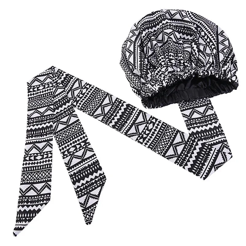 African Print Satin Bonnet With Long Ribbon Wrap Double Layer Headwrap Ankara Pattern Women Hair Cover Large Size Hair Wrap Cap - Image 31