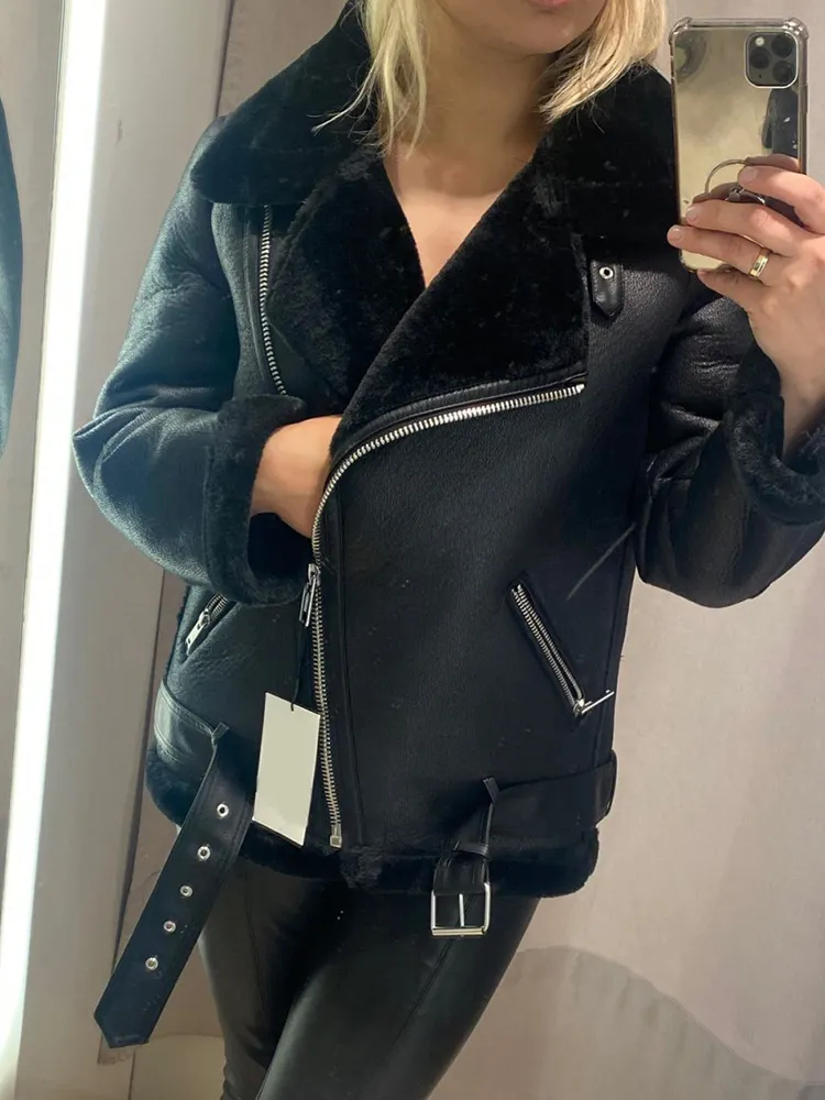 Ailegogo Winter Coats Women Thickness Faux Leather Fur Sheepskin Female Fur Leather Jacket Aviator Outwear Casaco Feminino - Image 2