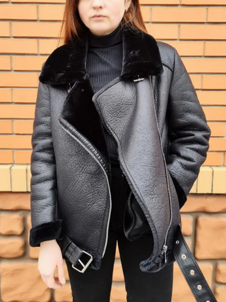 Ailegogo Winter Coats Women Thickness Faux Leather Fur Sheepskin Female Fur Leather Jacket Aviator Outwear Casaco Feminino - Image 3