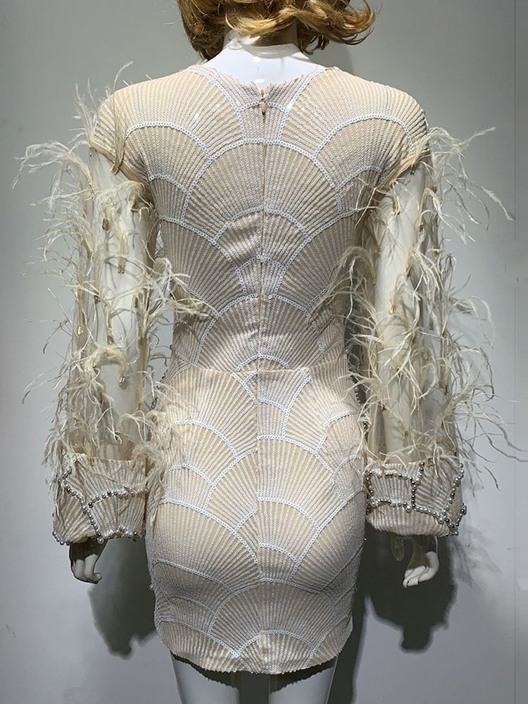 Sexy Women's Sexy V-neck Beaded Dress Beaded Long Sleeve Feather Wine Dress - Image 5