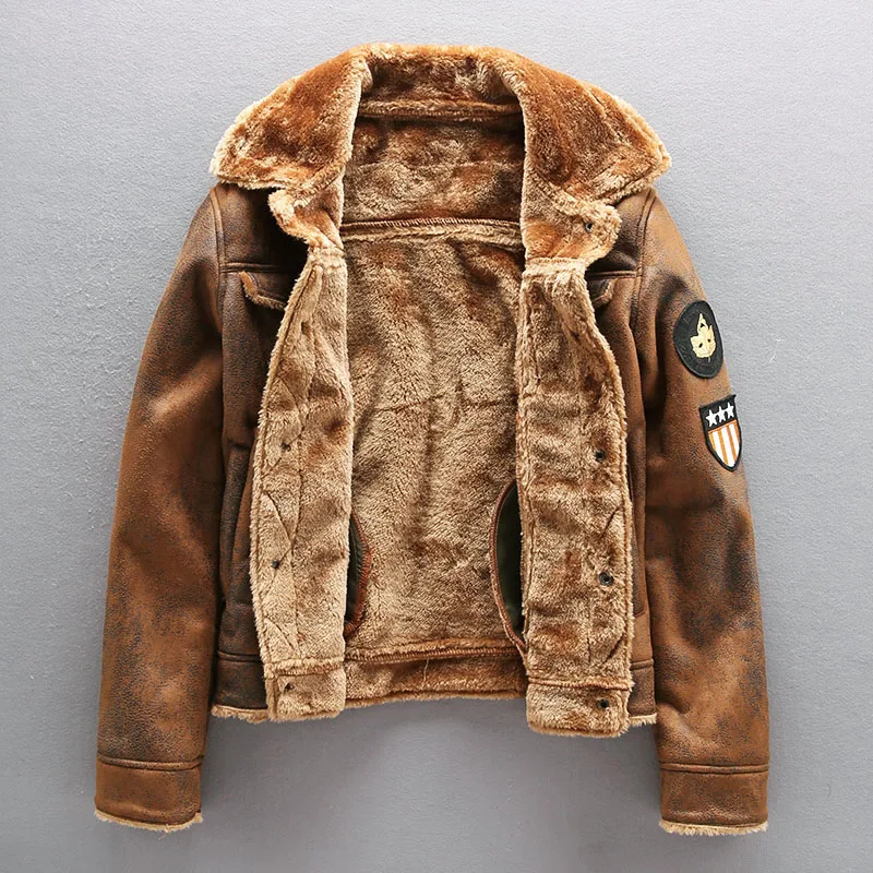 Air Force Pilot Leather Jacket Men Plus Velvet Thickened PU Leather Jacket Male Fur Coat Outwear Autumn Winter Men Clothing - Image 2