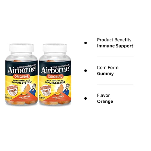 Airborne Zesty Orange Flavored Gummies, 42 Count - 750mg of Vitamin C and Minerals & Herbs Immune Support (Pack of 2) - Image 2