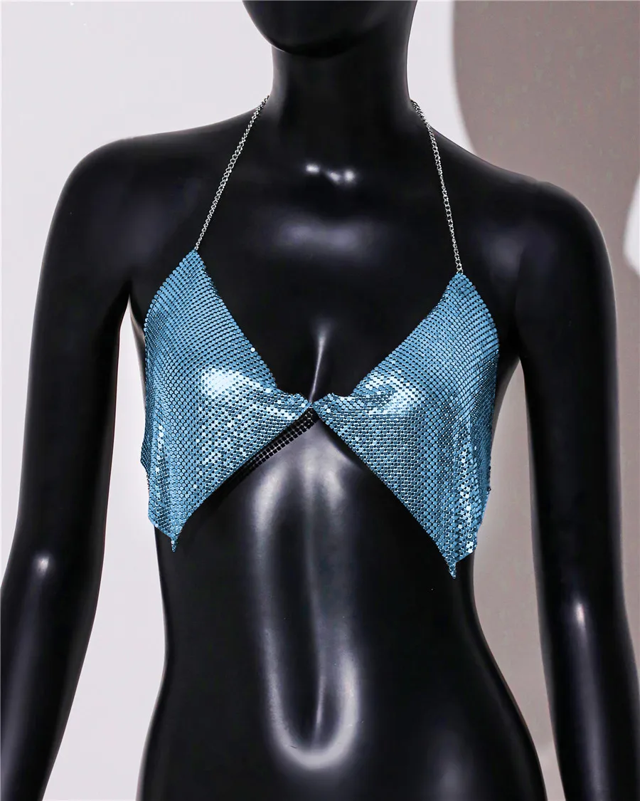 AKYZO Fashion Metal Sequins Camisole Summer Women Backless Halter Neck Off The Shoulder Crop Top Rave Vocal Concert Tank Top - Image 11