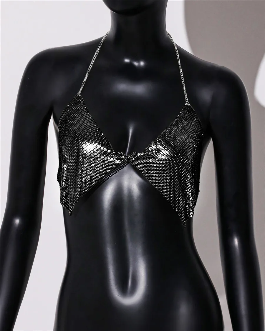 AKYZO Fashion Metal Sequins Camisole Summer Women Backless Halter Neck Off The Shoulder Crop Top Rave Vocal Concert Tank Top - Image 12