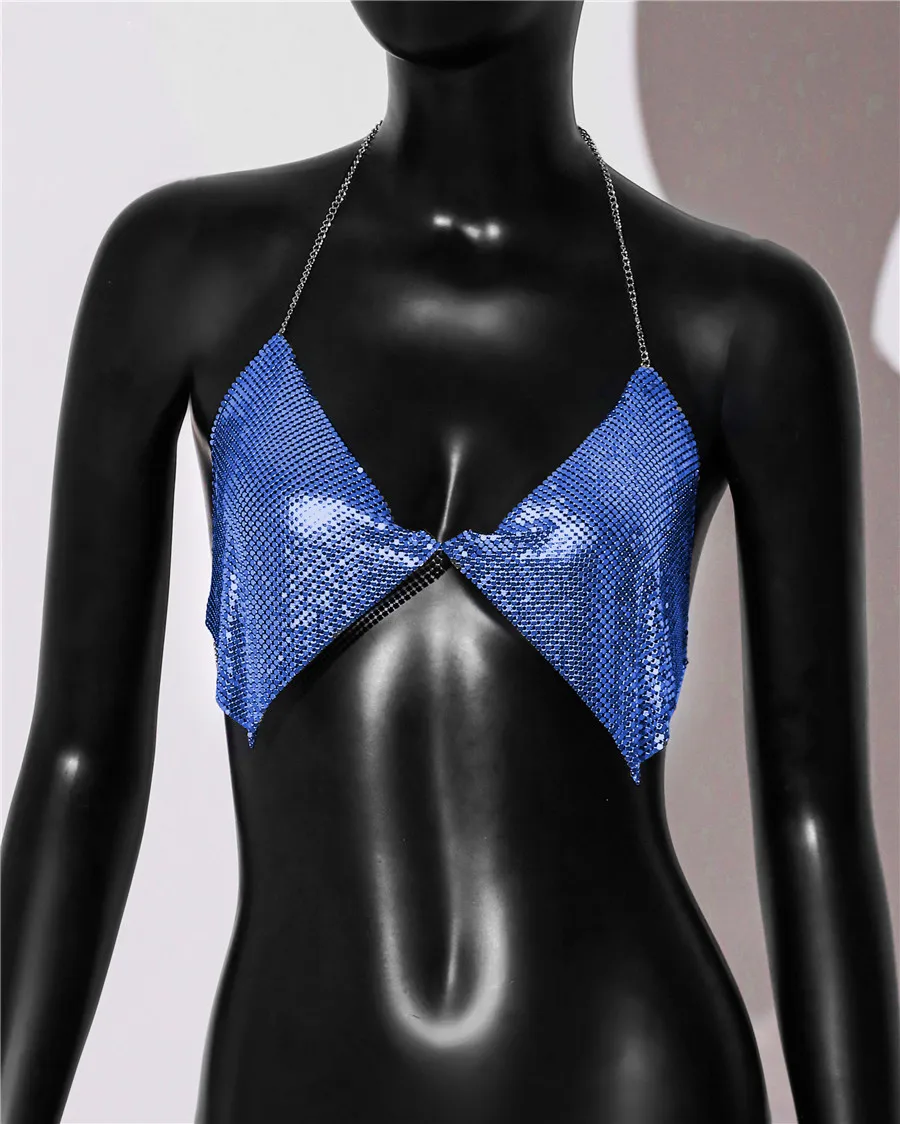 AKYZO Fashion Metal Sequins Camisole Summer Women Backless Halter Neck Off The Shoulder Crop Top Rave Vocal Concert Tank Top - Image 13