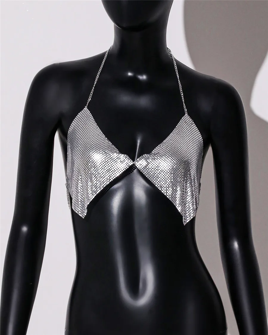 AKYZO Fashion Metal Sequins Camisole Summer Women Backless Halter Neck Off The Shoulder Crop Top Rave Vocal Concert Tank Top - Image 14
