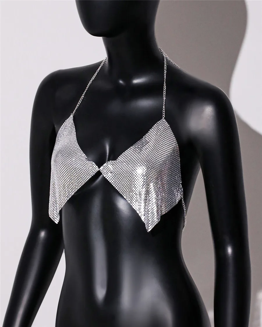 AKYZO Fashion Metal Sequins Camisole Summer Women Backless Halter Neck Off The Shoulder Crop Top Rave Vocal Concert Tank Top - Image 5