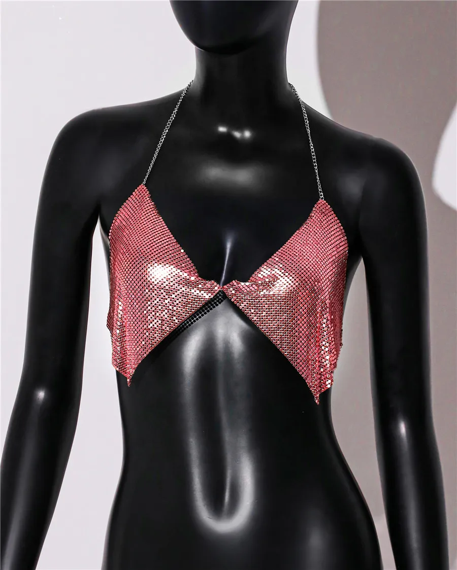 AKYZO Fashion Metal Sequins Camisole Summer Women Backless Halter Neck Off The Shoulder Crop Top Rave Vocal Concert Tank Top - Image 6