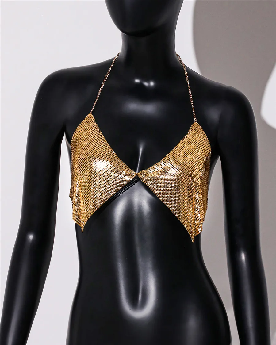 AKYZO Fashion Metal Sequins Camisole Summer Women Backless Halter Neck Off The Shoulder Crop Top Rave Vocal Concert Tank Top - Image 8