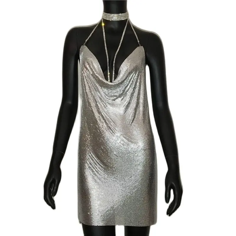 AKYZO Sexy Gold Sequined Patchwork Mini Dress Women Sleeveless Low Cut Metal Chains Halter Slim Charming Nightclub Party Dresses - Image 10