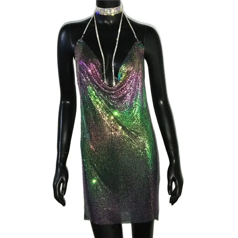 AKYZO Sexy Gold Sequined Patchwork Mini Dress Women Sleeveless Low Cut Metal Chains Halter Slim Charming Nightclub Party Dresses - Image 11