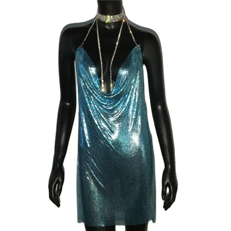 AKYZO Sexy Gold Sequined Patchwork Mini Dress Women Sleeveless Low Cut Metal Chains Halter Slim Charming Nightclub Party Dresses - Image 12