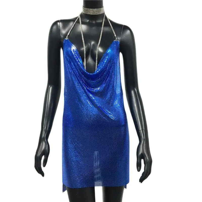 AKYZO Sexy Gold Sequined Patchwork Mini Dress Women Sleeveless Low Cut Metal Chains Halter Slim Charming Nightclub Party Dresses - Image 14