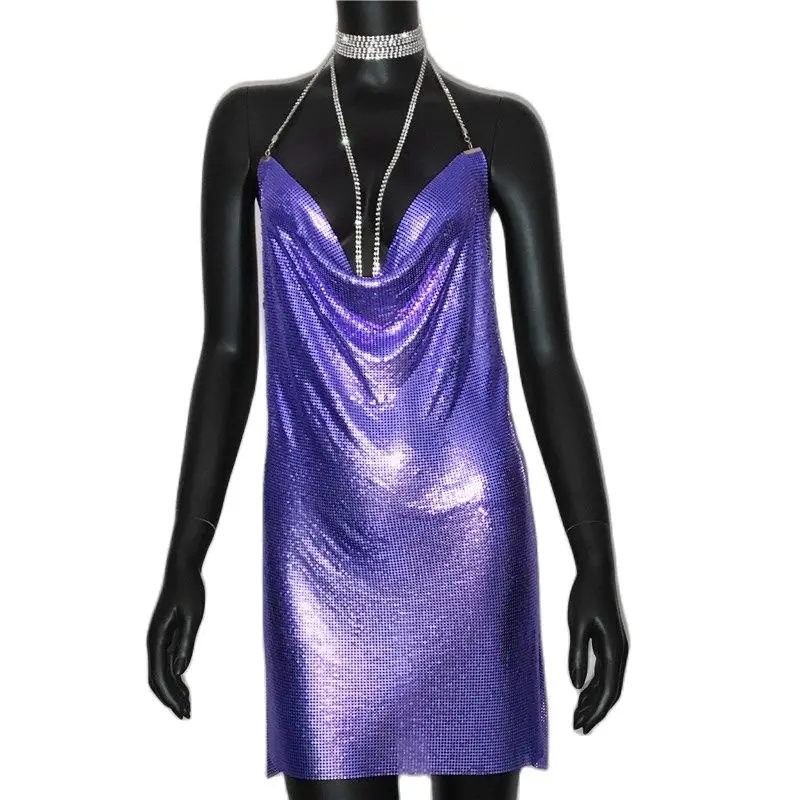 AKYZO Sexy Gold Sequined Patchwork Mini Dress Women Sleeveless Low Cut Metal Chains Halter Slim Charming Nightclub Party Dresses - Image 15