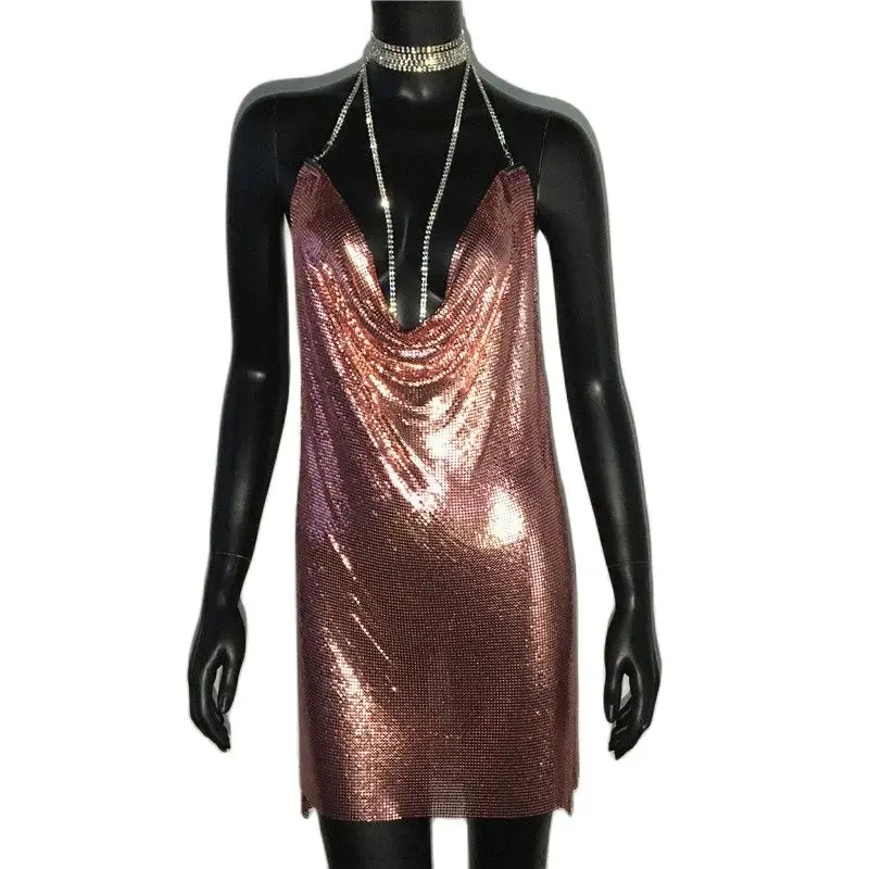 AKYZO Sexy Gold Sequined Patchwork Mini Dress Women Sleeveless Low Cut Metal Chains Halter Slim Charming Nightclub Party Dresses - Image 16