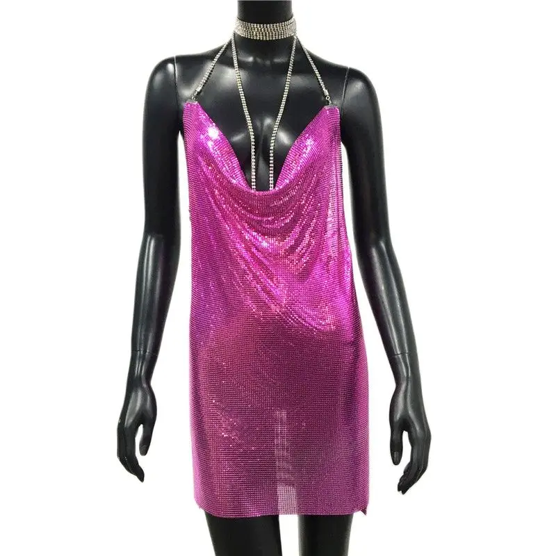 AKYZO Sexy Gold Sequined Patchwork Mini Dress Women Sleeveless Low Cut Metal Chains Halter Slim Charming Nightclub Party Dresses - Image 17