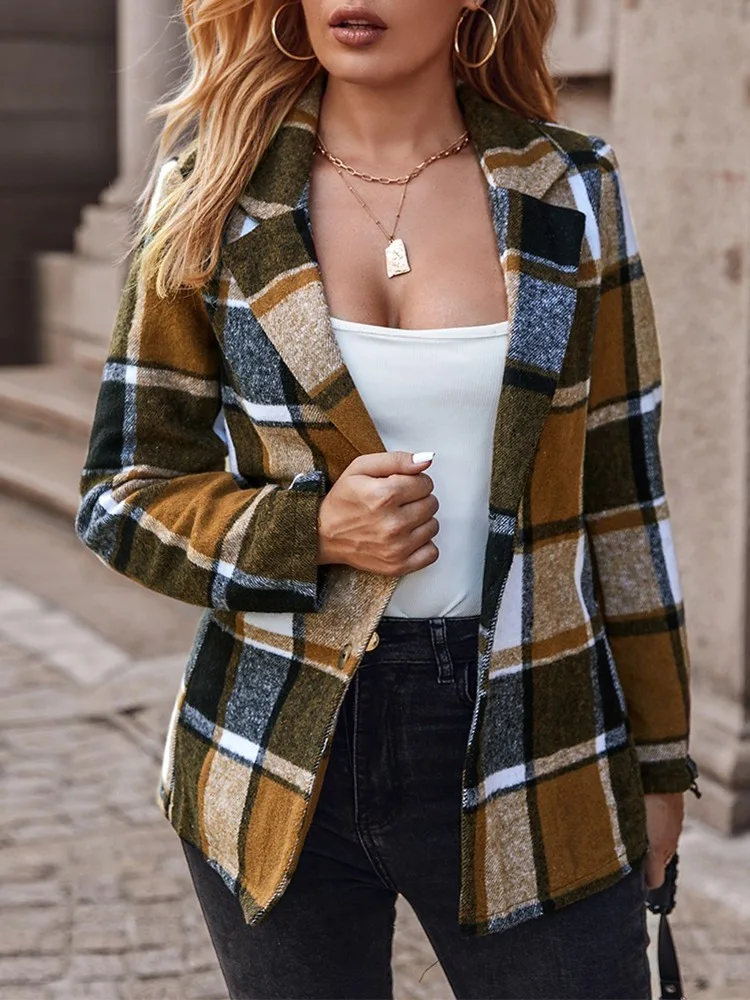 All-match Coat Women Korean Fashion 2023 Fall Plaid Print Button Front Long Sleeve Coat Design Jacket Casual Jacket - Image 2