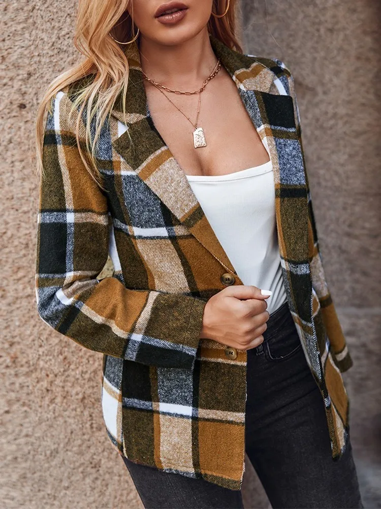 All-match Coat Women Korean Fashion 2023 Fall Plaid Print Button Front Long Sleeve Coat Design Jacket Casual Jacket - Image 3